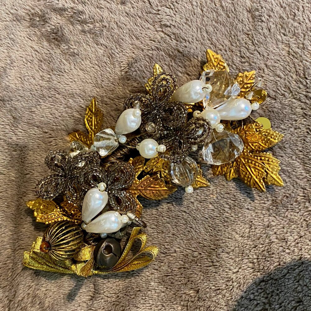 Vintage Decorative Beaded and Gold Colour Metal Grape Leaves Spray 7"